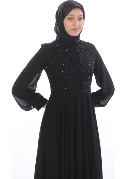 Göğüs Plise Detaylı Güpür Işlemeli Tesettür Abiye 580-SIYAH modelleri