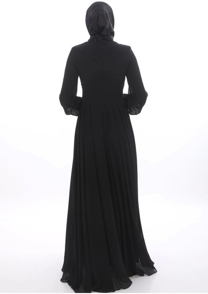 Göğüs Plise Detaylı Güpür Işlemeli Tesettür Abiye 580-SIYAH fırsatları