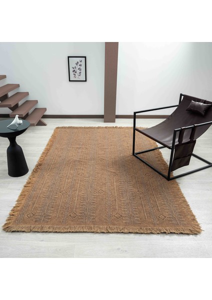 Antique Trk Light Brown - Dört Tarafı Saçaklı Pamuklu Yıkanabilir Kilim