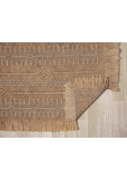 Antique Trk Light Brown - Dört Tarafı Saçaklı Pamuklu Yıkanabilir Kilim