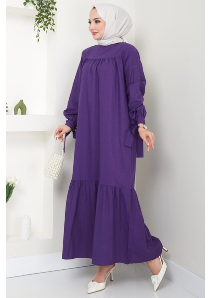 Robalı Kol Ucu Bağlamalı Elbise Mor Hm2081 fiyatları