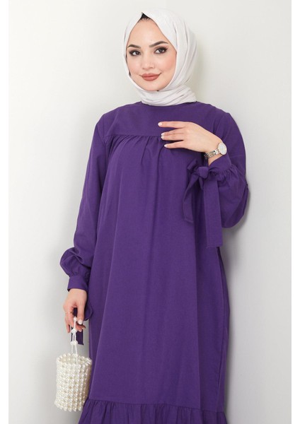 Robalı Kol Ucu Bağlamalı Elbise Mor Hm2081 modelleri