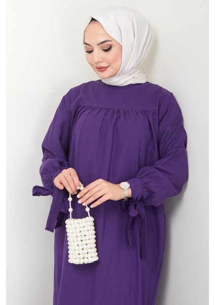 Robalı Kol Ucu Bağlamalı Elbise Mor Hm2081 fırsatları