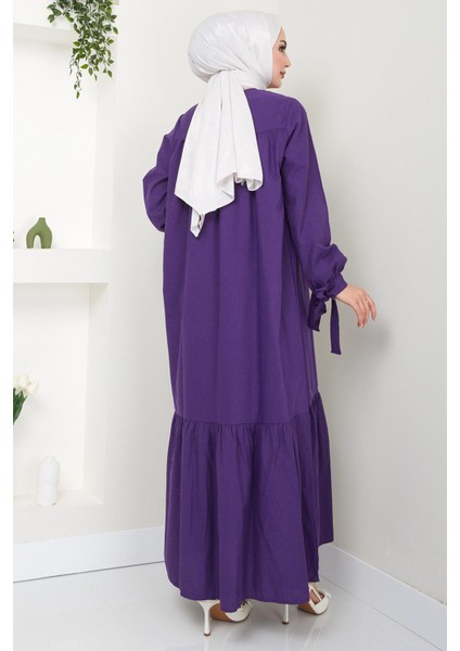 Robalı Kol Ucu Bağlamalı Elbise Mor Hm2081 indirimleri