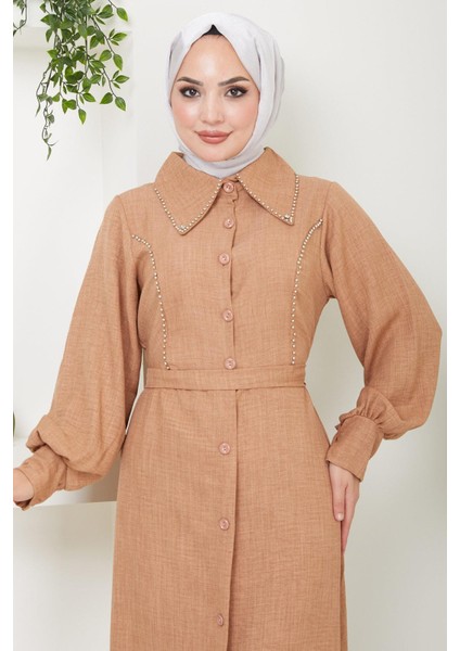 Boncuklu Sofia Elbise Camel Hm2476