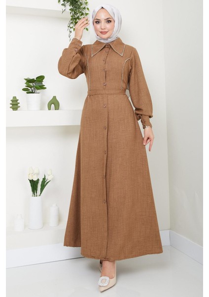 Boncuklu Sofia Elbise Kahverengi Hm2476