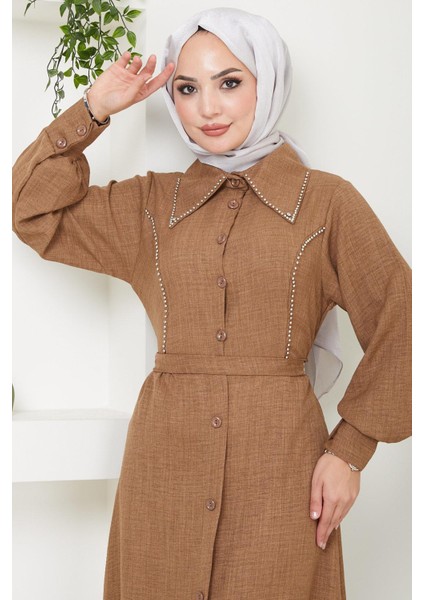 Boncuklu Sofia Elbise Kahverengi Hm2476 modelleri