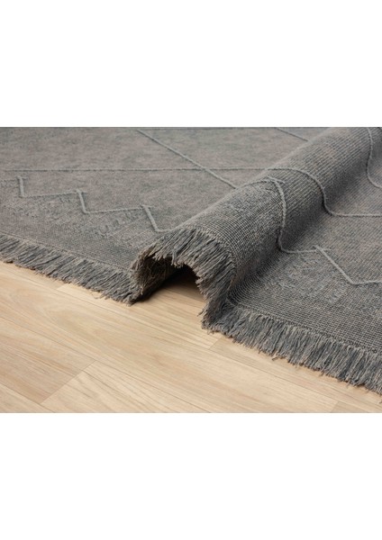 Antique Mnc Grey - Dört Tarafı Saçaklı Pamuklu Yıkanabilir Kilim