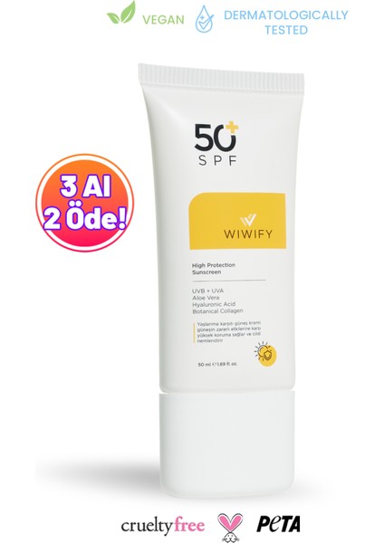 WIWIFY Leke Karşıtı Cilt Tonu Eşitleyici Yüksek Korumalı Güneş Kremi Spf 50+ 50ML (Aloe Vera Özlü)