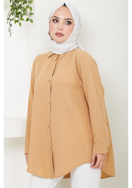 Hafsa Mina  Tek Cepli Oversize Gömlek Camel HM2482