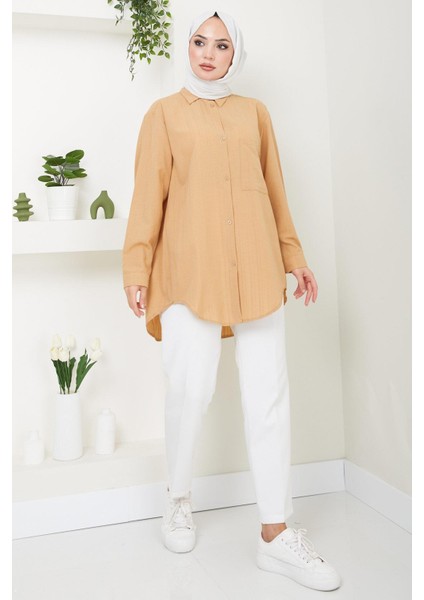 Hafsa Mina  Tek Cepli Oversize Gömlek Camel HM2482