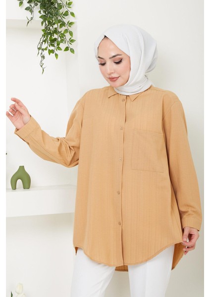 Hafsa Mina  Tek Cepli Oversize Gömlek Camel HM2482