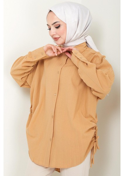 Hafsa Mina  Yandan Bağlamalı Oversize Gömlek Camel HM2471