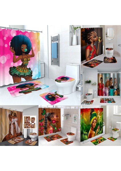 4 Adet-12 Tarzı G120XY180CM Banyo Su Geçirmez Duş Perdesi Seti Afrika Kız Banyo Seti Kaymaz Mat Halı Halı Klozet Kapağı Polyester Yıkanabilir (Yurt Dışından)