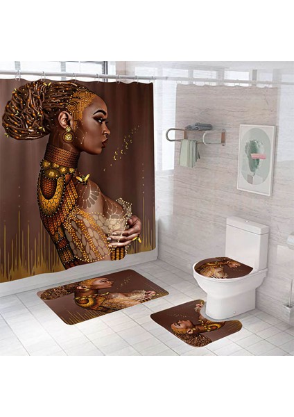 4 Adet-12 Tarzı G120XY180CM Banyo Su Geçirmez Duş Perdesi Seti Afrika Kız Banyo Seti Kaymaz Mat Halı Halı Klozet Kapağı Polyester Yıkanabilir (Yurt Dışından)