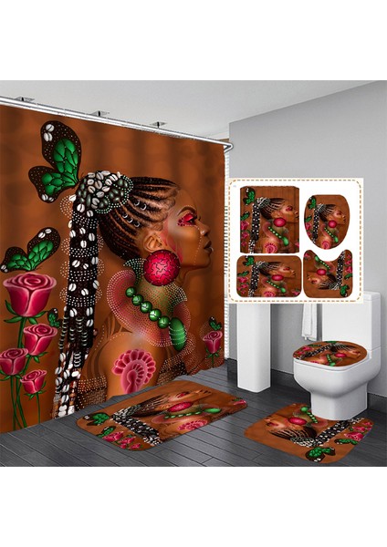 4 Adet-5 Tarzı G90XY180CM Banyo Su Geçirmez Duş Perdesi Seti Afrika Kız Banyo Seti Kaymaz Mat Halı Halı Klozet Kapağı Polyester Yıkanabilir (Yurt Dışından)