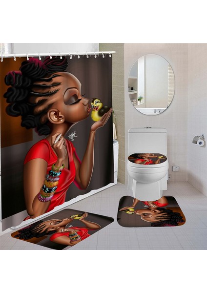 4 Adet-5 Tarzı G90XY180CM Banyo Su Geçirmez Duş Perdesi Seti Afrika Kız Banyo Seti Kaymaz Mat Halı Halı Klozet Kapağı Polyester Yıkanabilir (Yurt Dışından)