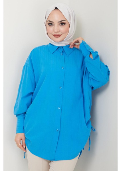 Yandan Bağlamalı Oversize Gömlek Mavi HM2471