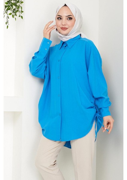 Yandan Bağlamalı Oversize Gömlek Mavi HM2471