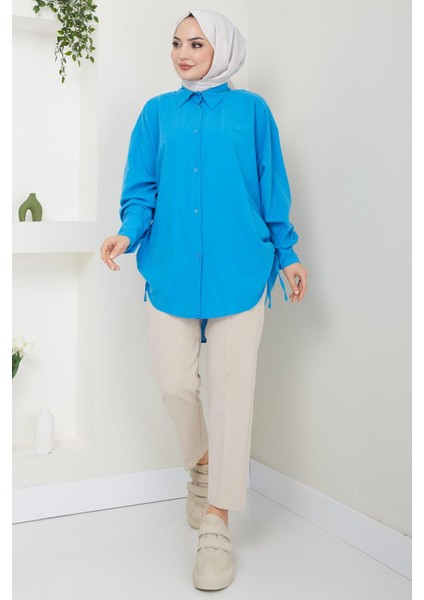 Yandan Bağlamalı Oversize Gömlek Mavi HM2471