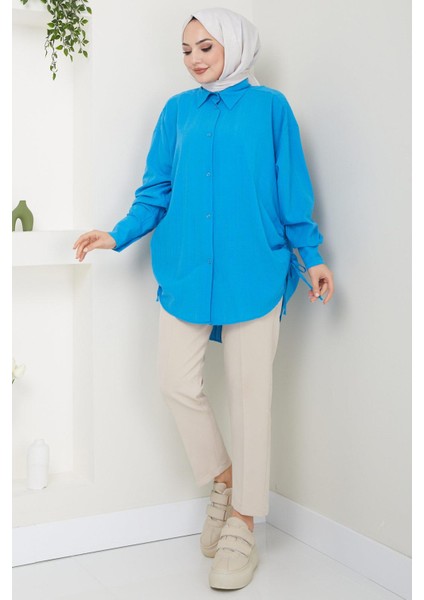 Yandan Bağlamalı Oversize Gömlek Mavi HM2471