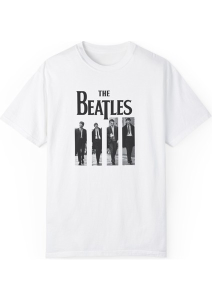 Unisex The Beatles Baskılı Beyaz Basic T-Shirt