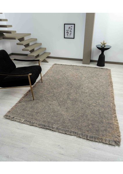 Antique Prm Stone - Dört Tarafı Saçaklı Pamuklu Yıkanabilir Kilim