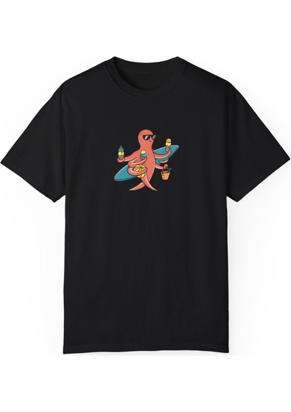 Unisex Octopus On Vocation Baskılı Siyah Basic Tshirt