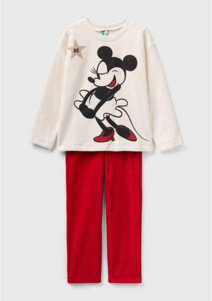Kız Çocuk Krem Mickey Baskılı Pijama Takımı
