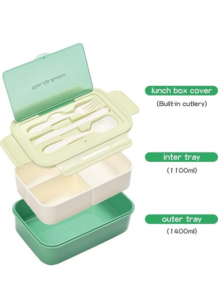 Yetişkinler Için Kutular, 1400 ml Bento Öğle Yemeği Kutusu Çocuk Kaşık ve Çatallı, Kap Bölmi (Yeşil) (Yurt Dışından)