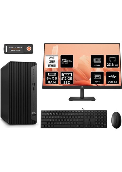 Pro Tower 400 G9 Intel Core I7 12700 64GB 512GB SSD RX550/4GB 23.8" Fhd Monitör Fdos 6U3M9EA Masaüstü Bilgisayar & Per4 USB Bellek 6U3M9EAMNT1347