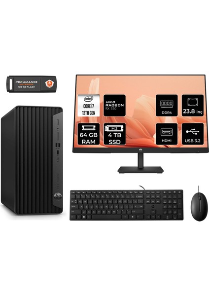 Pro Tower 400 G9 Intel Core I7 12700 64GB 4tb SSD RX550/4GB 23.8" Fhd Monitör Fdos 6U3M9EA Masaüstü Bilgisayar & Per4 USB Bellek 6U3M9EAMNT1350