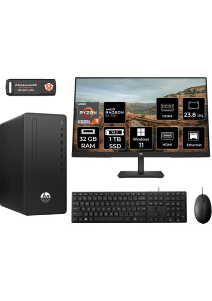 295 G9 Amd Ryzen 3 5300G 32GB 1tb SSD RX550/4GB 23.8" Fhd Monitör W11P 6D391EA Masaüstü Bilgisayar & Per4 USB Bellek 6D391EAMNT1428