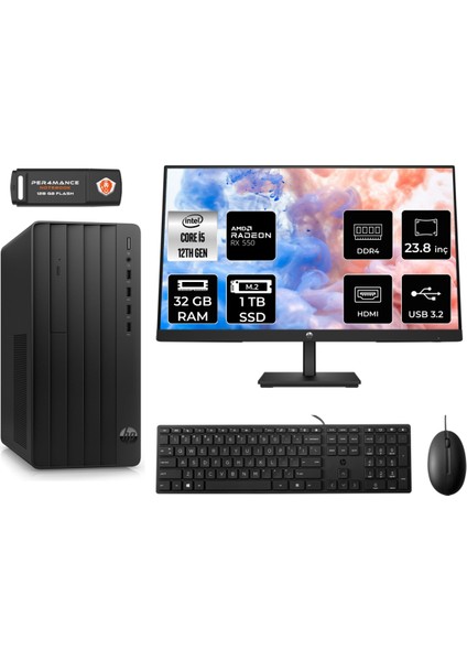 Pro Tower 290 G9 Intel Core I5 12500 32GB 1tb SSD RX550/4GB 23.8" Fhd Monitör Fdos 6D3A5EA Masaüstü Bilgisayar & Per4 USB Bellek 6D3A5EAMNT1328