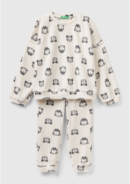 Kız Çocuk Krem Tamamı Hayvan Desenli Polar Pijama Takımı
