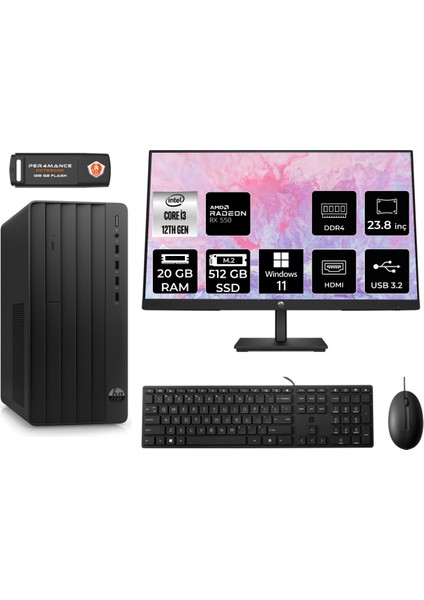 Pro Tower 290 G9 Intel Core I3 12100 20GB 520GB RX550/4GB 23.8" Fhd Monitör W11P 6D3A1EA Masaüstü Bilgisayar & Per4 USB Bellek 6D3A1EAMNT1417
