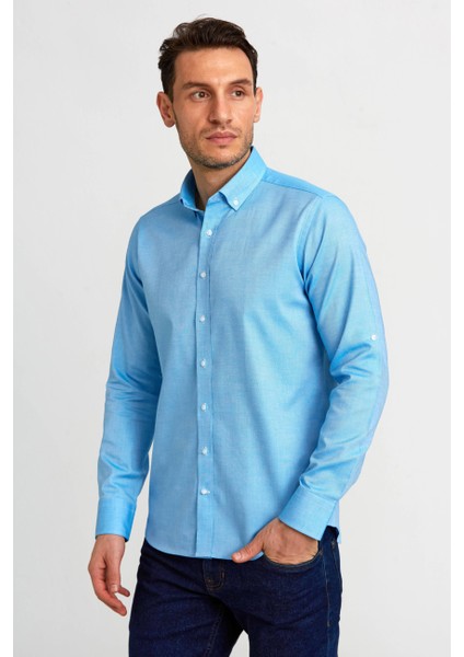Regular Fit Paşa Yaka Düğmeli Koyu Mavi Erkek Gömlek GMOK3PS22400001_D36
