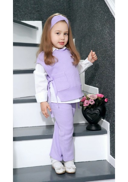 Saç Bandlı Pantolonlu Yanları Açık ve Bağlama Detay Süeterli Trend Kız Çocuk 3'lü Akrilik Triko Takım fiyatları