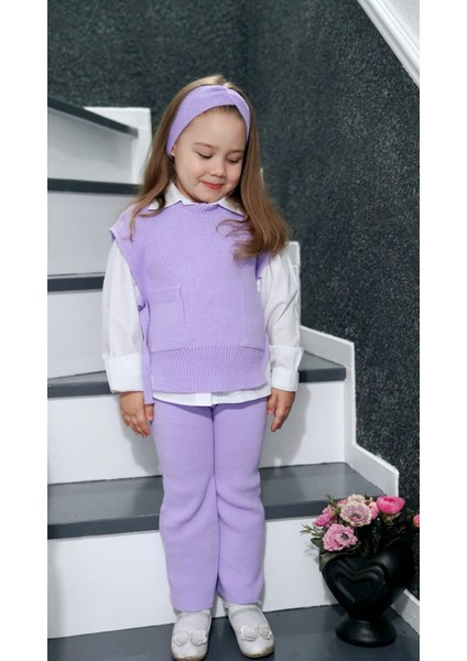 Saç Bandlı Pantolonlu Yanları Açık ve Bağlama Detay Süeterli Trend Kız Çocuk 3'lü Akrilik Triko Takım modelleri