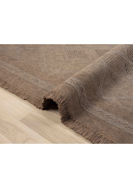 Antique Spt Light Brown - Dört Tarafı Saçaklı Pamuklu Yıkanabilir Kilim