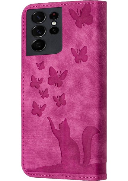 Samsung Galaxy S21 Ultra Flip Folio Tutucu Kapak Kabartmalı Kedi (Yurt Dışından)