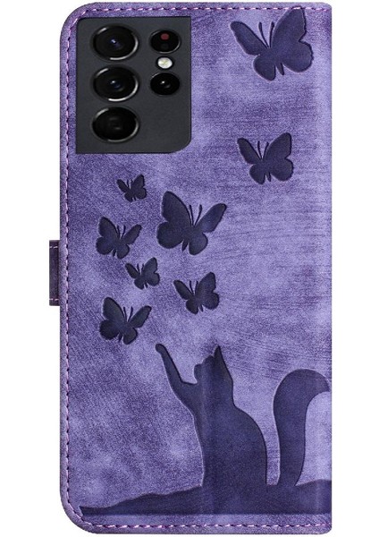 Samsung Galaxy S21 Ultra Flip Folio Tutucu Kapak Kabartmalı Kedi (Yurt Dışından)