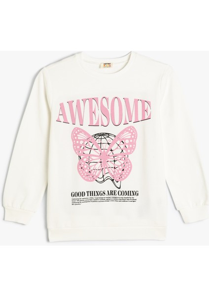 Kelebekli Sweatshirt Uzun Kollu Bisiklet Yaka Pamuklu