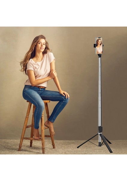 170CM Tripod ve Selfie Çubuğu Bluetooth Uzaktan Kumandalı Cep Telefonu Yüksekliği Ayarlanabilir Masaüstü Portatif Taşınabilir Iç ve Dış Mekan Evde Tatilde Kampda Kullanıma Uygun K9