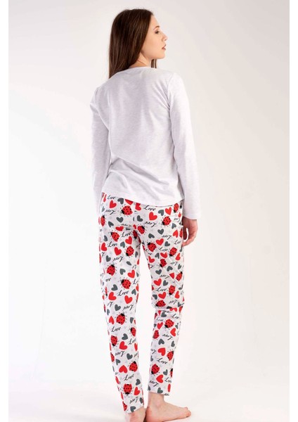 Kadın Bej Uzun Kollu Yuvarlak Yaka Oval Etek Pamuklu Pijama Takımı Tam Kalıp
