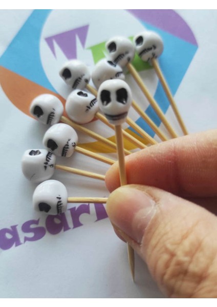 30 Adet Kuru Kafa Boncuklu Cadılar Bayramı Pasta Kürdanı 6 cm