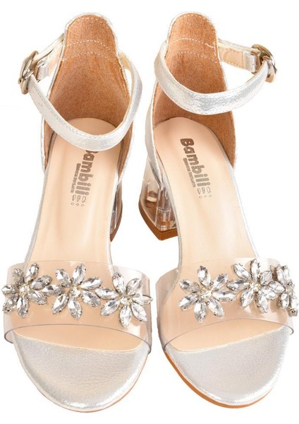 Genç Kız Çocuk Bilekten Bağlamalı Sedef Şeffaf Taş Detaylı Topuklu Ayakkabı modelleri