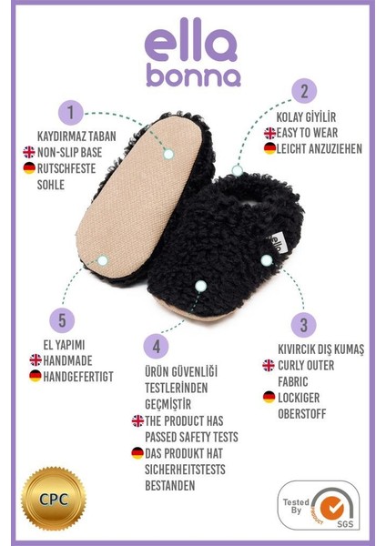 Teddy Bebek Patiği Ev Pandufu, Kaydırmaz Taban, Organik Pamuk Astar Kreş Ayakkabısı, Siyah modelleri