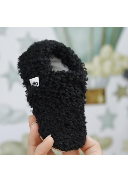 Teddy Bebek Patiği Ev Pandufu, Kaydırmaz Taban, Organik Pamuk Astar Kreş Ayakkabısı, Siyah