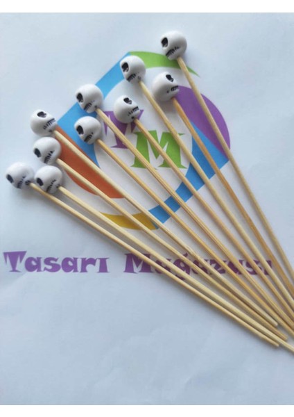 15 cm Uzun Kürdan - 30 Adet Kuru Kafa Boncuklu Cadılar Bayramı Kokteyl Karıştırıcı